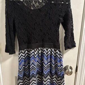 Speechless Black Lace Dress with Blue and White Zigzag Skirt